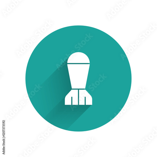 White Aviation bomb icon isolated with long shadow. Rocket bomb flies down. Green circle button. Vector