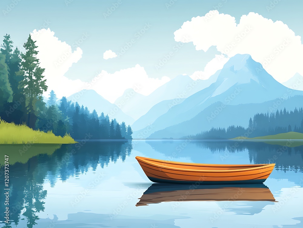 Wooden boat on serene lake with mountain forest reflections Wooden boat on serene lake with mountain forest reflections