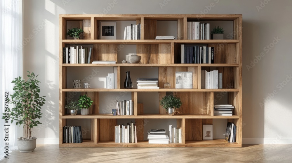Fototapeta premium A Scandinavian-style wooden bookcase with a minimalist design, filled with books, plants, and decorative items in a bright interior