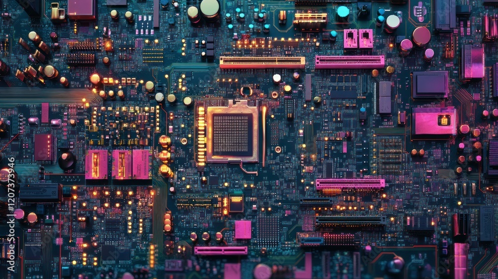A high-resolution close-up of a central processing unit (CPU) on a motherboard, with visible gold pins, colorful components, and intricate wiring patterns A high-resolution close-up of a central processing unit (CPU) on a motherboard, with visible gold pins, colorful components, and intricate wiring patterns