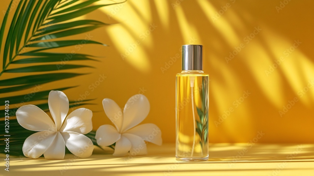 Elegant Glass Bottle with Fragrant Oil Beside Tropical Flowers Elegant Glass Bottle with Fragrant Oil Beside Tropical Flowers