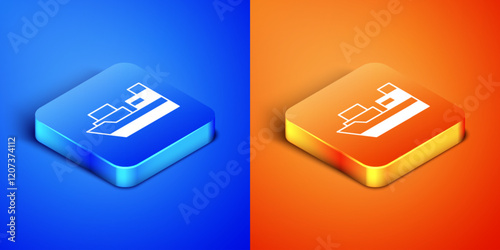 Isometric Cargo ship with boxes delivery service icon isolated on blue and orange background. Delivery, transportation. Freighter with parcels, boxes, goods. Square button. Vector