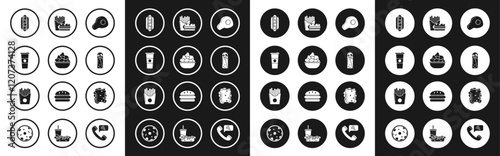 Set Scrambled eggs, Popcorn in bowl, Paper glass and water, Hotdog sandwich with mustard, Doner kebab, Burger french fries carton package box, Sandwich and Potatoes icon. Vector
