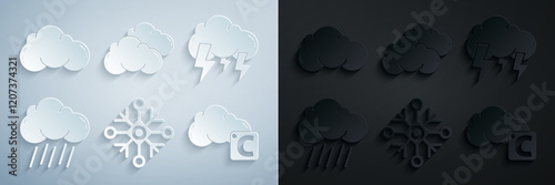 Set Snowflake, Storm, Cloud with rain, Celsius and cloud, and icon. Vector