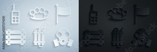 Set Detonate dynamite bomb stick, Flag, Military ammunition box, Gas mask, Brass knuckles and Walkie talkie icon. Vector