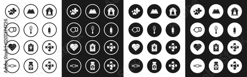 Set Dog house, Hair brush for dog and cat, Retractable cord leash, Veterinary clinic symbol, Syringe with pet vaccine, Pet food bowl, and Heart icon. Vector
