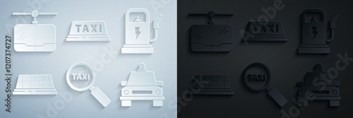 Set Magnifying glass and taxi car, Electric charging station, Taxi roof, and Cable icon. Vector