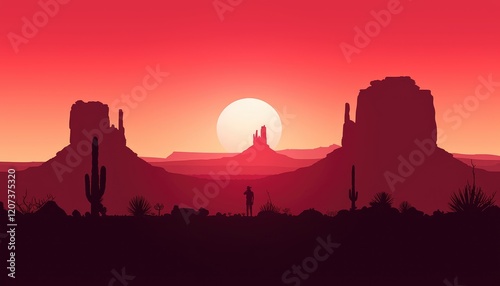 Lone Figure Silhouetted Against a Vibrant Desert Sunset
