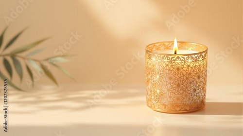 Elegant burning candle in a gold patterned container. Perfect for home decor, spa, relaxation, or luxury product photography. Clean, minimalist background