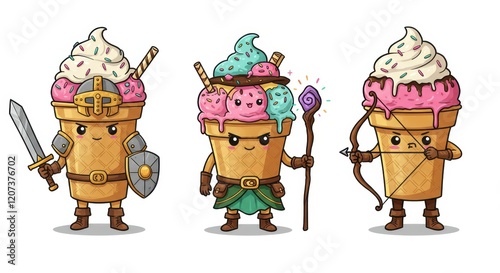 Cute ice cream characters as fantasy warriors, wizards, and archers