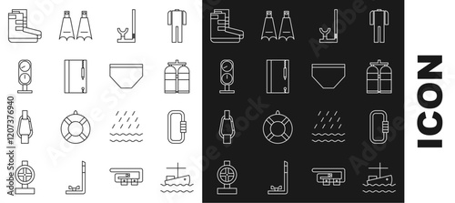 Set line Fishing boat on water, Carabiner, Aqualung, Snorkel, Underwater note book and pencil, Gauge scale, Boots and Swimming trunks icon. Vector