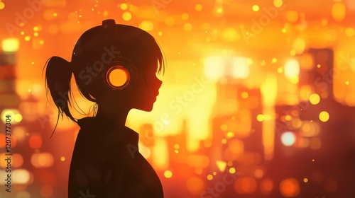 A serene lofi anime animation of a woman in headphones, her silhouette against a softly glowing city backdrop, blending nostalgia and tranquility.