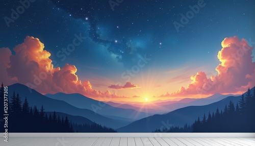 Serene Sunset Over Mountain Range: Night Sky with Stars photo