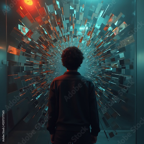 Portal of Reflections This striking image presents a unique sense of wonder and introspection. The shattered, mirrored portal, framed by the figure's silhouette, evokes a feeling of transformation and