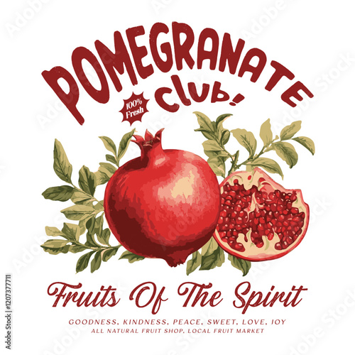 Summer food poster design. Fresh pomegranate fruit print. food fashion for t-shirt, sweatshirt print design, women's graphic tee , vintage retro fruit design, summer fruity vintage t shirt design