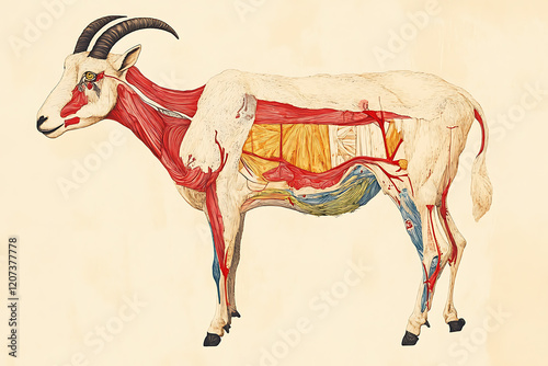 Anatomical illustration of a goat showcasing detailed muscle and organ structures, set against a neutral background photo