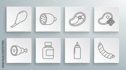Set line Chicken leg, Salami sausage, Sauce bottle, Sausage, Steak meat, Fresh frozen steak and icon. Vector