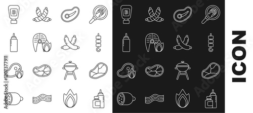 Set line Sauce bottle, Steak meat, Grilled shish kebab on skewer stick, fish steak and fire flame, and Crossed sausage icon. Vector