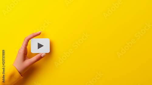 Hand Holding Play Button Icon on Yellow Background