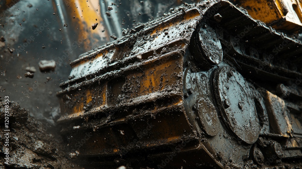 Muddy Tracks: A Close-Up of a Bulldozer's Tread Muddy Tracks: A Close-Up of a Bulldozer's Tread