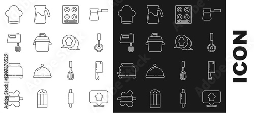 Set line Chef hat with location, Meat chopper, Pizza knife, Gas stove, Cooking pot, Electric mixer, and speech bubble icon. Vector