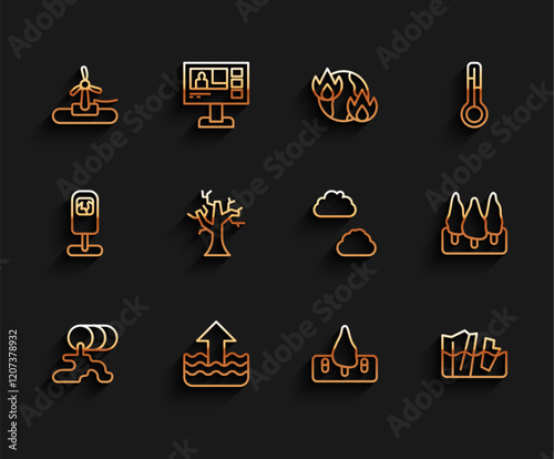 Set line Barrel oil leak, Rise in water level, Wind turbine, Deforestation, Glacier melting, Withered tree, Forest and Cloud icon. Vector