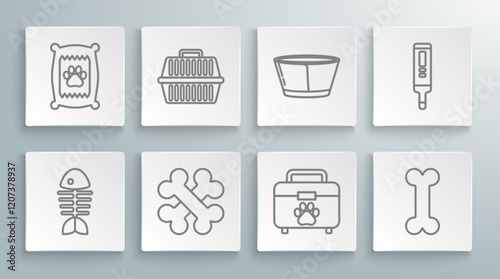 Set line Fish skeleton, Pet carry case, Crossed bones, first aid kit, Dog, Protective cone collar, Medical digital thermometer and Bag of food for dog icon. Vector