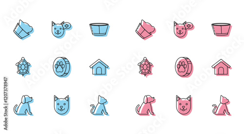 Set line Dog, Cat, Veterinary clinic symbol, Paw print, house, Turtle and icon. Vector