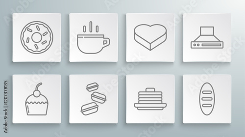 Set line Cake, Coffee cup, Macaron cookie, Stack pancakes, Bread loaf, Candy in heart shaped box, Kitchen extractor fan and Donut icon. Vector