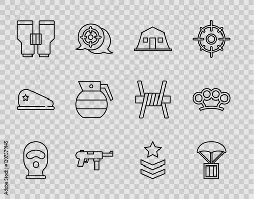 Set line Balaclava, Airdrop box, Military barracks, Submachine gun M3, Binoculars, Hand grenade, rank and Brass knuckles icon. Vector