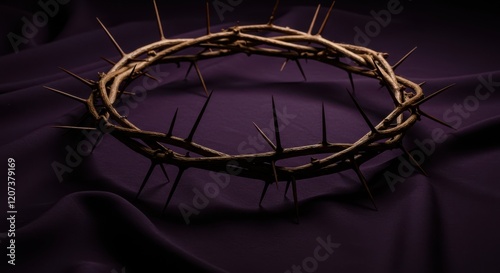 Crown of thorns on velvety purple fabric symbolizing faith and suffering
