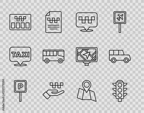 Set line Parking, Traffic light, Location with taxi, Hand, Taximeter, Bus, Folded map location and Car icon. Vector