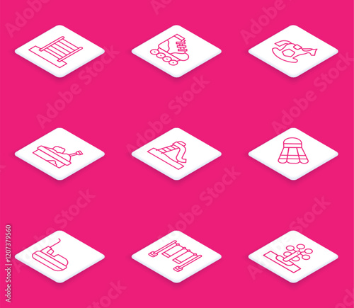 Set line Swedish wall, Roller skate, Horse in saddle swing, Sandbox with sand, Kid slide, Badminton shuttlecock, Bumper car and Double icon. Vector