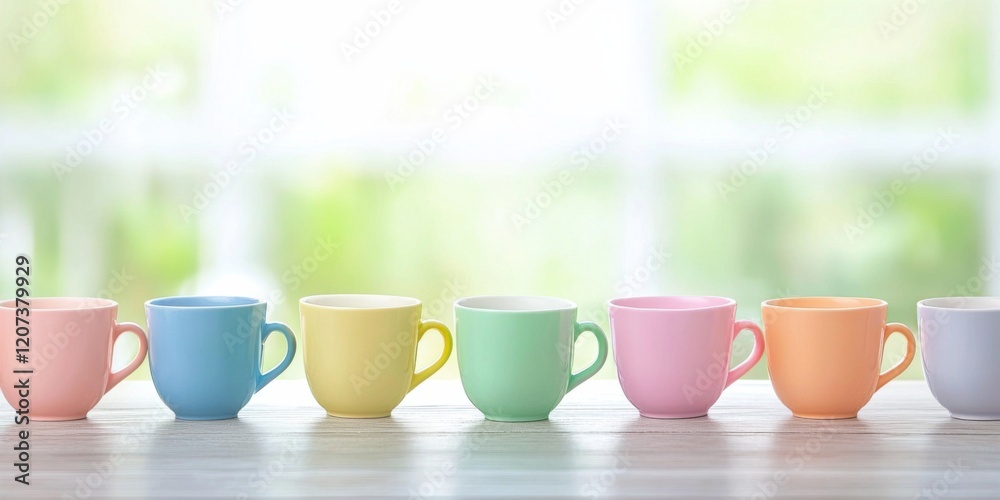 Colorful ceramic cups displayed on a table in soft lighting, close-up view of a vibrant pastel collection in a cozy setting Colorful ceramic cups displayed on a table in soft lighting, close-up view of a vibrant pastel collection in a cozy setting
