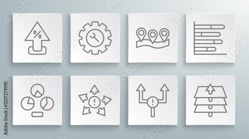 Set line Pie chart infographic, Wrench and gear, Many ways directional arrow, Arrow, Layers, Location, and Percent up icon. Vector