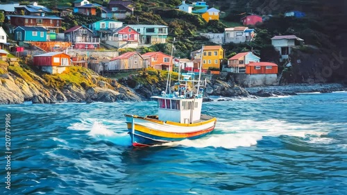 Colorful fishing boat sailing near a vibrant coastal village photo