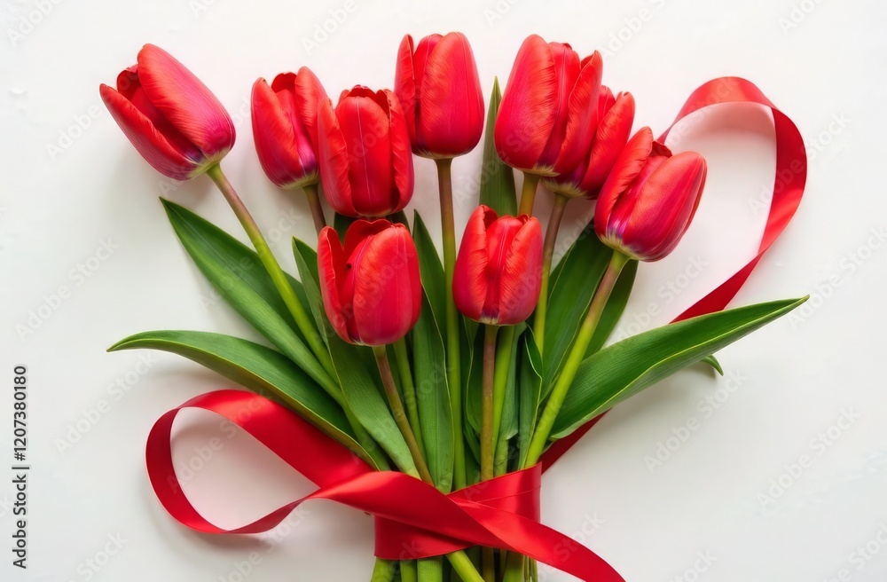 Fototapeta premium Red tulips and the number 8. The layout of the postcard for International Women's Day