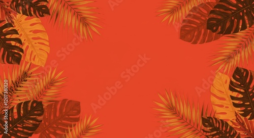 Tropical foliage frame on vibrant orange background for summer themes photo