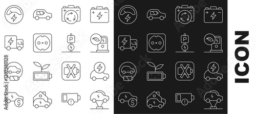 Set line Electric car, charging station, Battery with recycle symbol, Electrical outlet, truck, Voltmeter and Charging parking electric icon. Vector