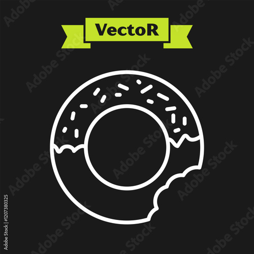 White line Donut with sweet glaze icon isolated on black background. Vector