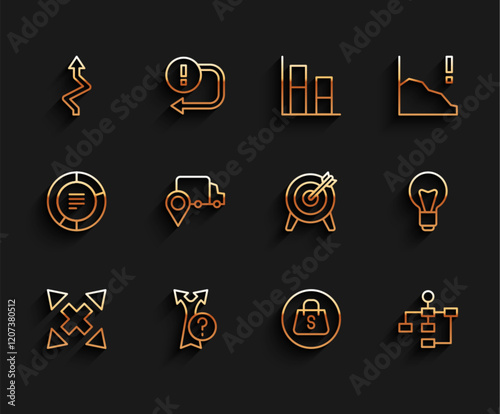 Set line Many ways directional arrow, Arrow, Shopping bag with Sale, Hierarchy organogram chart, Delivery tracking, Light bulb and Target icon. Vector