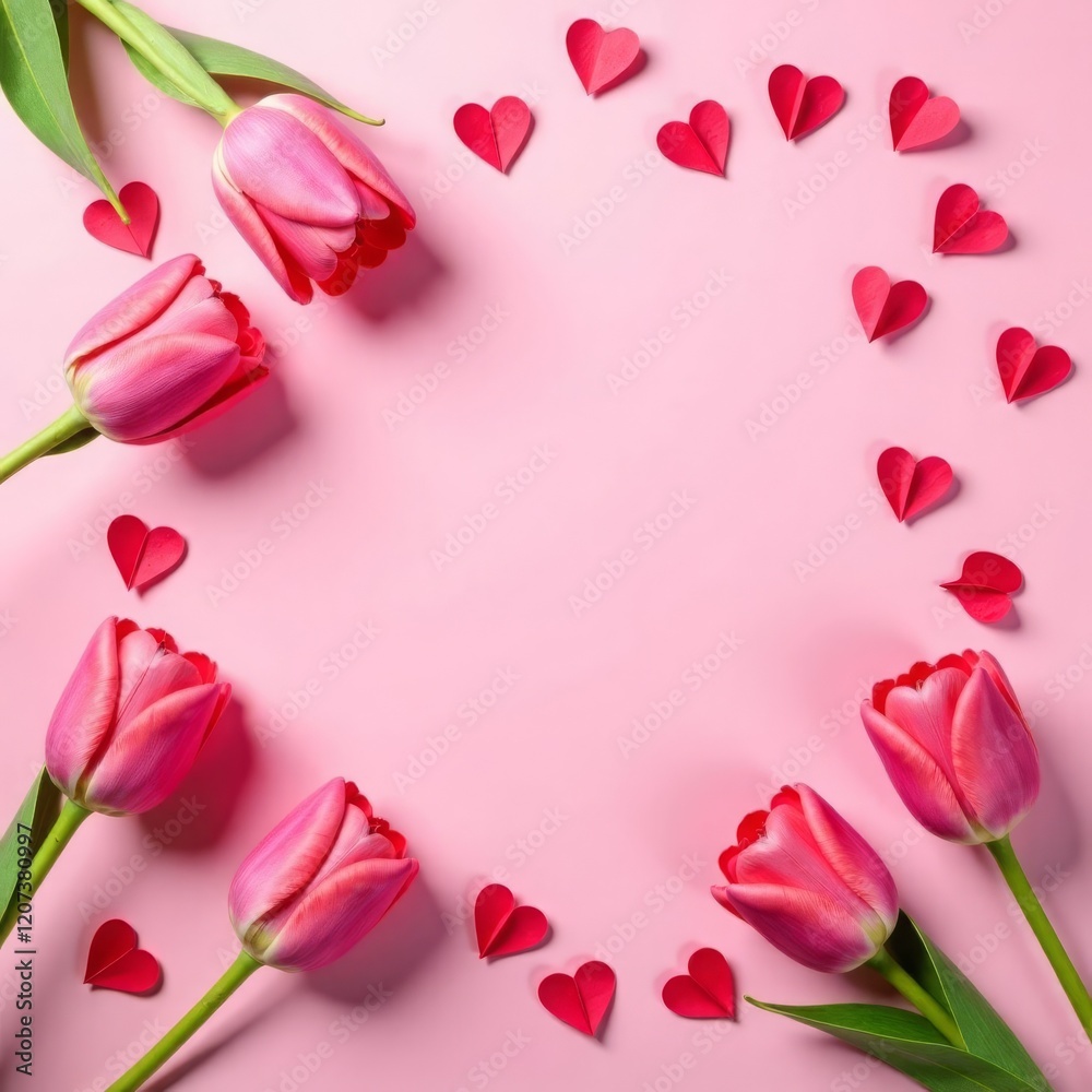 Delicate pink tulips in the corner, a frame of red hearts. There is an empty space in the middle for the text. A mock-up of a postcard for International Women's Day Delicate pink tulips in the corner, a frame of red hearts. There is an empty space in the middle for the text. A mock-up of a postcard for International Women's Day