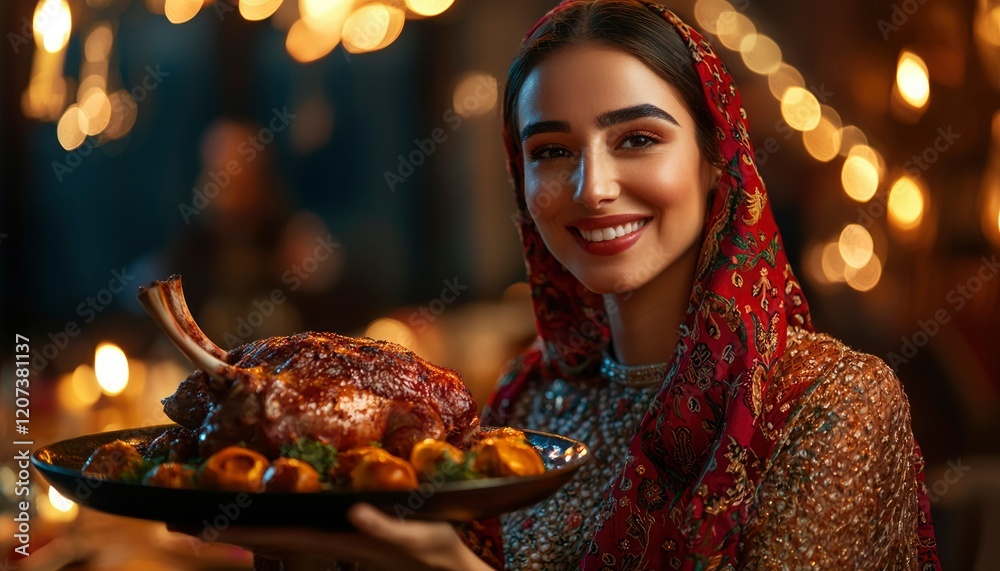Naklejka premium Woman in Red Presents Roasted Festive Turkey Dish