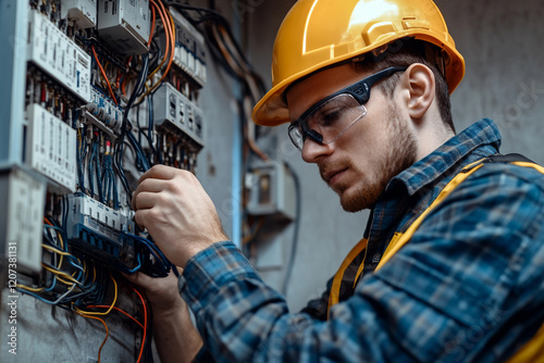 Close-up shot of an electrician carefully repairing wiring and electrical equipment generative ai image photo