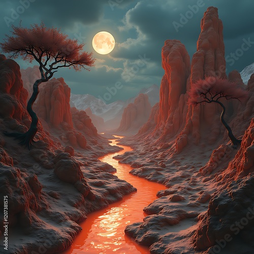 Crimson Moon Valley This captivating landscape image, with its striking contrast between the warm, glowing river and the cool, moody sky, offers a powerful visual narrative. Its unique color palette photo