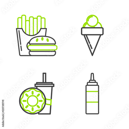 Set line Sauce bottle, Paper glass with drinking straw and donut, Ice cream waffle cone and Burger french fries carton package box icon. Vector