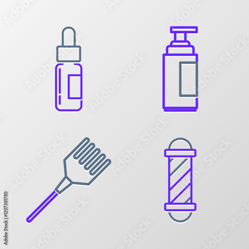 Set line Classic Barber shop pole, Hairbrush, Cream or lotion cosmetic tube and Glass bottle with pipette icon. Vector