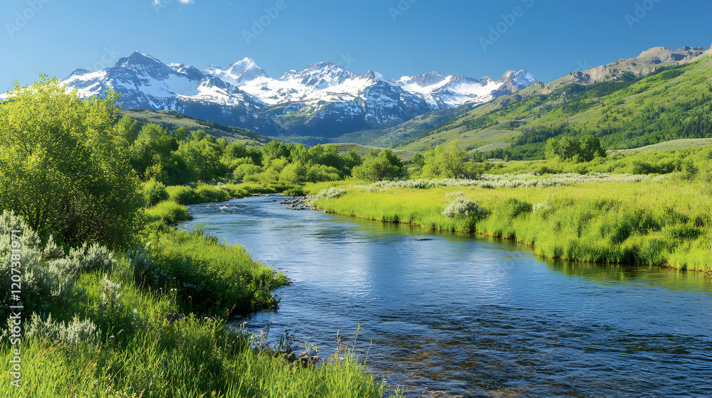 Scenic River Flowing Through Lush Green Valley With Snowy Mountains Scenic River Flowing Through Lush Green Valley With Snowy Mountains