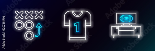 Set line American football on tv program and stand, Planning strategy concept and jersey icon. Glowing neon. Vector