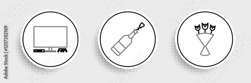 Set line Bouquet of flowers, Video game console and Champagne bottle icon. Vector